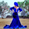 Gorgeous Royal Blue Mermaid Prom Dresses African Keyhole Neck Long Sleeves Evening Party Gowns Vestidos