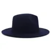 Trendy Navy Blue RoyalBlue Patchwork Faux Wool Fedora Hats Women Män kände vintage Panama Jazz Cap med Belt Buckle294m