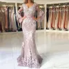 2018 Modest Dusty Pink Prom Dresses Long Poet Sleeves Lace Applique V Neck Mermaid Sweep Train Ribbon Evening Formal Wear Custom Made