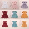 Dzieci Girls Bow Solid Sukienka Dzieci Wzburzyć Latający Rękaw Princess Sukienki Lato Bawełniana Pościel Sundress Ubrania Boutique Baby Odzież M1560