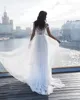 2019 Playa fuera del hombro Una línea Vestidos de novia Nuevo Muslo Aberturas altas Vestidos de novia Apliques de encaje de gasa vestido de novia