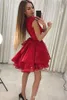Bow Sash Prom Party Lace A-Line barato Sexy Red completa Vestidos Homecoming Layered Alta Baixa curto Cocktail Dresses Party Dress Robe De Mariee