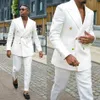 Nieuwste Design Double-Breasted Ivory Wedding Men Suits Peak Revers Twee Stukken Business Bruidegom Tuxedos (Jas + Broek + Tie) W1272