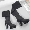 Coolcept Thigh High Boots New Winter Suede Stretch Shoes Women Fashion Square High Heels Platform Footwear Size 32-42