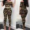 Women's Jumpsuits & Rompers Spring Autumn Off Shoulder Print Long Pants For Women Elegant Fitness Short Sleeve Playsuit Sexy Club