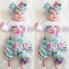 Ins baby meisje outfits bloem hart geborduurde kinderen romper broek hoofdband 3 stks sets lange mouw babykleding set kinderkleding DHW2341