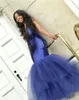 Fabulous Blue Mermaid Sequin Prom Dresses Long Party Dresses Tulle Train Sweet 16 Graduation Gowns Deep V Neck Formal Evening Dresses