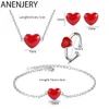 Anenjery Classic 925 Sterling Silver Smycken sätter rött hjärta halsband + örhängen + ring + armband för kvinnor gåva