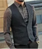 2019 Mörkgrå Wool Herringbone Tweed Vests Custom Made Mens Suit Vest Slim Groom Vests Vintage Wedding Vest Plus Size British WAI267T