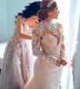 Arabic Dubai Champagne New Mermaid Wedding Dresses High Neck Illusion Long Sleeves Lace Appliques Crystal Beads Button Back Bridal Gowns