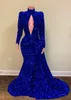 2021 Königsblaue Abendkleider, luxuriös, mit Perlen verziert, Pailletten, hoher V-Ausschnitt, Sweep-Zug, Meerjungfrau-Abschlussballkleid, echtes Bild, formelle Kleider, Party, W336E