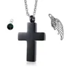 black Cross Pendant Necklace Angel wings Cremation Jewelry Keepsake Memorial Birthstone Crystal