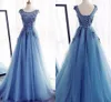 Light Sky Blue Empire Waist Prom Dresses Long 2019 Boat Neckline Short Sleeve Applique Beaded A-line Evening Gowns Special Occasion Dress