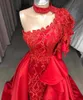 Sereia vermelho um ombro vestidos de baile renda apliques frisado com saia destacável longos vestidos de noite bc