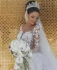 Elegant Mermaid See Through Long Sleeve White Lace Wedding Dress Bridal Gowns Sequined( Applique Sheer Neck Sweep Train Wedding Gowns