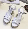 Heiße Verkaufs-Frauen-Designer-Sandalen mit Logo und Box-Mode-Luxus-Damenschuhen mit hohen Absätzen T-Riemchen-Strick-Stroh-gewebte Keilschuhe