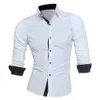 New Business Men Color Block Buttons Col rabattu Chemise à manches longues Slim Fit Top