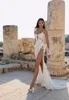 2020 Plaża Syrenka Suknie Ślubne Uda High Slit Sheer Neck Lace Floral Aplikacje Suknie ślubne Vestido de Novia Custom Made