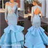 Ruffles Vestidos de baile com manga comprida Modest Sheer Jewel Neck Open Back Mermaid Fishtail Blue Sky Evening Vestidos Wear ED1153