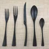 JASHII 5Pcs Black Stainless Steel Dinnerware Plate Silverware Dinner Steak Knives Dessert Forks Teaspoon Tableware Cutlery Set T200430