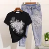 Amolapha Women Sequined Beaded 3D Flower Cotton T-shirt +Calf-length Jeans Clothing Sets Summer Mid Calf Jean Suits1