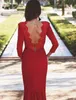 Cheap Red Long Sleeves Formal Evening Dresses Backless Lace Jewel Neck Mermaid Prom Dresses Sweep Train Women Party Gowns