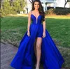 Blaue, abnehmbare Abendkleider im europäischen Stil mit Spaghettiträgern und offenem Rücken. Marineblaues Couture-Abendkleid mit abnehmbarem Rock