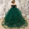 Gorgeous Green Flower Girl Dresses Scoop Neck Appliqued Beaded Long Sleeves Girl Pageant Gowns Ruffle Tiered Sweep Train Birthday 291G
