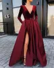 2020 sexy diepe v-nek fluwelen avondjurken dragen lange mouwen Bourgondië rood zwart hoge split vloer lengte party quinceanera formele prom-jurk