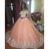 Sweet 16 Peach Quinceanera Jurken Off Shoulder Applicaties Puffy Corset Back Ball-toga Prinses 15 jaar meisjes Prom Partyjurken