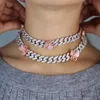 12mm CZ Miami Cuban Link Chain Pink Butterfly Choker Halsband Hip Hop Rock Iced Out Bling Women Jewelry 2020 New4382005