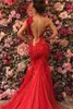 Sexy Red Sheer Backless Lace Avondjurken Eén Schouder Mermaid Tule Longue Women Occasion Party Prom Gowns Vesidos BC1277