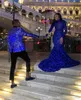 Abiti da sera sexy a sirena blu royal stupefacenti Nuove ragazze nere africane Abito a maniche lunghe trasparenti con paillettes Perline Abito per occasioni speciali