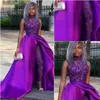 2020 Lace Appliqued Bead Evening Gowns Luxury African Party Women Pant Suits Classic Jumpsuits Prom Dresses With Detachable Train High Neck