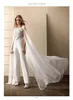 2020 jumpsuits de vestido de casamento com envoltório jóia Pescoço floral apliques de mangas curtas vestidos de noiva abertos de volta sash tornozelo comprimento abiti da espasa