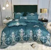 Conjunto de cama luxuoso europeu jacquard, 4 peças, bordado branco, capa de cama, cetim sedoso, algodão, princesa, edredom, lençol, travesseiro c5052162