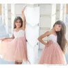 Elegant Pink Knee Length Short Flower Girl Dresses Lovely Illusion Neck Pearls Sleeveless Blush Tulle Birthday Party Wedding Kids 290Q
