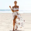 Boho -stijl lange jurk vrouwen van schouderstrand zomer jurken bloemenprint vintage chiffon witte maxi jurk