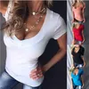 Moda Sexy Kobiety T Shirt Głębokie V-Neck Krótki Rękaw Koszulka Solidna Kolor Slim Fit Fashion Topy