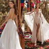 2020 Spaghetti Boho Wedding Dresses with Wrap Thigh High Slits Lace Top Backless Beach Wedding Gowns Bridal Dress Vestido de noiva