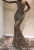 Vintage Sparkly Crystal Prom Aftonklänning 2020 Långärmad Djup V Neck Formell Party Gown Sexig Slit Pageant Gowns