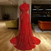 Reflective Red Sequins Long Evening Party Dresses 2020 New Long Sleeves Ruched High Split Formal Party Floor Length Prom Dresses 1431