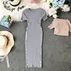 New design women's fashion o-neck short sleeve thread knitted bodycon tunic double breasted patchwork knee length pencil dress