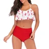 Nuovo pieghettato sexy vita alta arruffato divisa europea fiore rosso delle donne del bikini di stampa e americano del costume da bagno Monokinis 0061