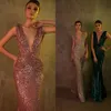 Sexy Meerjungfrau-Abendkleider mit hohem V-Ausschnitt, ärmellos, glitzernde Pailletten, formelle Partykleider, Sweep-Zug, maßgeschneidertes Abendkleid