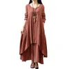 Johnature Coton Couleur Femmes Maxi Robe 2019 Printemps Nouveau Faux Deux Pièces À Manches Longues Col Rond Lâche Plus La Taille Robe Irrégulière J190619