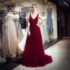 Red Wine Elegant Dresses V Neck Beading A Line Wine Red Tulle Long Party Formal Evening Dresses Women Plus Size Prom Gowns DH4277