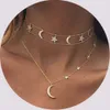 Collar con colgante de luna nueva y estrella, cadena de oro, Gargantilla multicapa bohemia, collares para mujeres y niñas, joyería de moda, regalo de Navidad