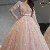 Sparkly Sequined Lace Ball Gown Prom Dresses Simple Scoop Neck Long Sleeve Tulle Floor Length Evening Gown vestidos de gala268F