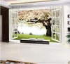 Nowoczesna tapeta do salonu wiśniowe kwitnąć drzewo okno 3d tło ściany